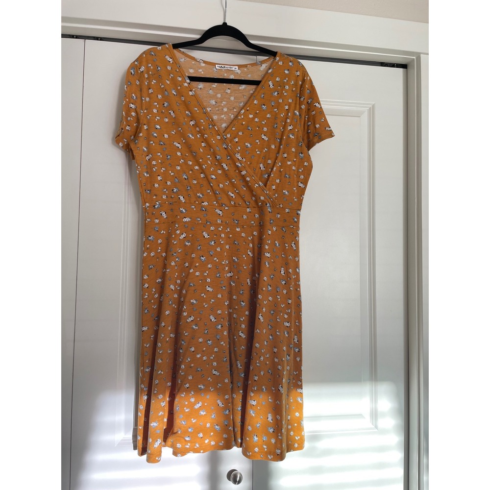 Yellow Ditsy Floral Soft Stretch A-Line Dress V-Neck Short Sleeve Boho Size XL